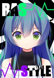 Rule 34 | 1girl, absurdres, asahi rokka, bang dream!, blue hair, clothing cutout, commentary request, english text, frown, green eyes, group name, hair between eyes, highres, koh (user kpcu7748), lace, lock (bang dream!), long hair, looking at viewer, shoulder cutout, solo, turtleneck, upper body, waveform