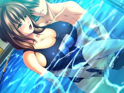 Rule 34 | 1boy, 1girl, age difference, breasts, censored, fingering, game cg, hetero, huge breasts, ichikawa noa, incest, mother and son, one-piece swimsuit, open mouth, outdoors, pool, renjou mirai, sailor fuku shinryou tsumaka, school swimsuit, swimsuit, water