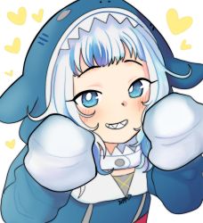 Rule 34 | 1girl, animal hood, blue eyes, blue hair, blush, gawr gura, hands up, heart, henemimi, highres, hololive, hololive english, hood, hood up, looking at viewer, multicolored hair, parted lips, shark hood, sharp teeth, smile, solo, streaked hair, teeth, upper body, virtual youtuber, white background, white hair
