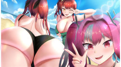 Rule 34 | 3girls, absurdres, ass, ass focus, azur lane, beach, bikini, black ribbon, blue sky, breasts, bremerton (azur lane), cleavage, cloud, cloudy sky, female focus, highres, honolulu (azur lane), honolulu (summer accident?!) (azur lane), huge ass, huge breasts, large breasts, light rays, looking at viewer, looking away, lunar avenger, lying, lying on ground, multiple girls, ocean, one eye closed, orange eyes, pareo (bikini), peace symbol, pink hair, pulled by self, pulling at clothes, red hair, ribbon, sand, shiny skin, side ponytail, skindentation, sky, smile, sunbathing, sunbeam, sunlight, swimsuit, teasing, thick thighs, thighs, twintails, wide hips, wink, zara (azur lane), zara (poolside coincidence) (azur lane)
