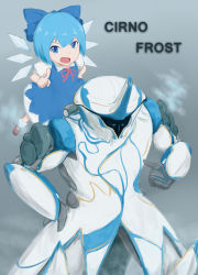 Rule 34 | 1boy, 1girl, blue dress, blue eyes, blue hair, bow, character name, cirno, crossover, dress, frost (warframe), hair bow, hand on own hip, highres, horns, ice, ikas-zzx, ikastep, pointing, pointing at self, power connection, shoes, single horn, socks, touhou, warframe, wings