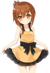 Rule 34 | 10s, 1girl, alternate costume, bad id, bad pixiv id, brown eyes, brown hair, clothes lift, half updo, highres, inazuma (kancolle), kantai collection, looking at viewer, rateratte, simple background, skirt, skirt lift, smile, solo