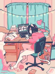 Rule 34 | 1girl, animal ears, artist name, ashleyloob, bed, bedroom, black hair, blanket, bob cut, bottle, cat ears, cat girl, cat tail, chair, computer, curtains, desk, drawer, flat color, furry, furry female, highres, indoors, lamp, laptop, looking down, md5 mismatch, messy room, notebook, office chair, original, phone, pillow, pink eyes, room, sitting, solo, sweater, swivel chair, tail, tissue box, yarn, yarn ball
