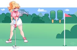 Rule 34 | 1girl, ball, belt, blonde hair, blue belt, blue eyes, breasts, building, bush, buttons, earrings, flag, flagpole, full body, gloves, golf, golf ball, golf club, golf course, highres, hole, jewelry, legs, legs apart, letterboxed, licking lips, lips, mario (series), mario golf, mario golf: super rush, medium hair, nintendo, outdoors, pink footwear, pink gloves, pink shirt, pleated skirt, polo shirt, ponytail, princess peach, shadow, shirt, shirt tucked in, shoes, short sleeves, single glove, skirt, small breasts, sneakers, solid eyes, solo, standing, sushi kev art, tongue, tongue out, tree, white footwear, white skirt