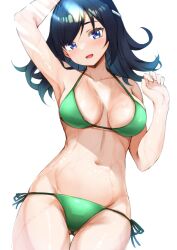 Rule 34 | 1girl, bare arms, bare legs, bare shoulders, bikini, blue eyes, blue hair, blush, breasts, collarbone, cowboy shot, green bikini, groin, highres, kantai collection, large breasts, long hair, navel, open mouth, side-tie bikini bottom, simple background, smile, solo, souryuu (kancolle), swimsuit, thigh gap, wet, white background, zarashi