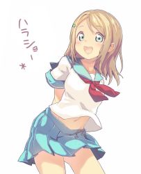 Rule 34 | 10s, 1girl, arms behind back, ayase alisa, blonde hair, blue eyes, blue skirt, blush, breasts, hair ornament, hairclip, jpeg artifacts, love live!, love live! school idol project, medium breasts, navel, neckerchief, open mouth, pleated skirt, red neckerchief, school uniform, serafuku, short hair, simple background, skirt, solo, translation request, white background, yoo (tabi no shiori)