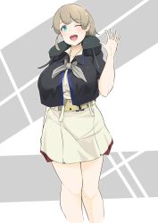 Rule 34 | 1girl, belt, black shirt, breasts, hand up, intrepid (kancolle), kantai collection, konoshige (ryuun), large breasts, neck pillow, neckerchief, one eye closed, open mouth, ponytail, shirt, skirt, smile, solo, standing, white skirt