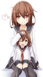 Rule 34 | 10s, 2girls, ;d, absurdres, black legwear, blush, brown eyes, brown hair, commentary, fang, hair ornament, hairclip, hand on another&#039;s head, headpat, heart, highres, if they mated, ikazuchi (kancolle), kantai collection, looking at viewer, mother and daughter, multiple girls, neckerchief, aged up, one eye closed, open mouth, pantyhose, pleated skirt, red neckerchief, revision, saku (kudrove), school uniform, serafuku, short hair, simple background, sitting, sitting on lap, sitting on person, skirt, smile, white background, aged down