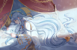 Rule 34 | 1boy, absurdly long hair, bed, book, braid, canopy bed, chinese clothes, closed eyes, coat, crack of light, curtains, dragon beard candy (the tale of food), floral print, fur coat, highres, holding, holding book, layered sleeves, light particles, long hair, long sleeves, low-tied long hair, lying, male focus, neck tassel, on bed, on side, open book, parted lips, pillow, profile, robe, see-through, see-through sleeves, side braid, sleeping, sleepy1292673668, solo, the tale of food, transparent curtains, upper body, very long hair, white hair, white robe, yin yang