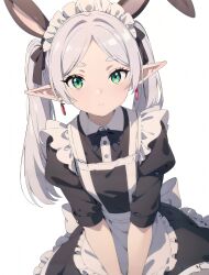 Rule 34 | 1girl, absurdres, ai-assisted, alternate costume, animal ears, apron, black dress, black ribbon, bow, closed mouth, dress, dress bow, earrings, elf, frieren, frilled apron, frilled dress, frills, green eyes, hair ribbon, highres, jewelry, long hair, looking at viewer, maid, maid apron, maid headdress, neck ribbon, parted bangs, picowan11, pointy ears, puffy short sleeves, puffy sleeves, rabbit ears, ribbon, short sleeves, sitting, solo, sousou no frieren, twintails, white background, white bow, white hair