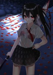 Rule 34 | 1girl, black hair, blood, blood on face, bloody weapon, blouse, bra, breasts, hand on own hip, holding, holding sword, holding weapon, long hair, necktie, original, petals, plaid, plaid skirt, red eyes, school uniform, see-through, shirt, side ponytail, skirt, small breasts, smile, solo, stream, sword, sword behind back, takamiya nao, underwear, water, weapon, wet, wet clothes, wet shirt, white shirt