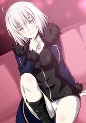 Rule 34 | 1girl, ahoge, arm support, black dress, blush, coat, couch, dress, dutch angle, fate/grand order, fate (series), full-length zipper, fur-trimmed sleeves, fur collar, fur trim, hand on own chin, hara (harayutaka), highres, jacket, jeanne d&#039;arc (fate), jeanne d&#039;arc alter (fate), jeanne d&#039;arc alter (ver. shinjuku 1999) (fate), jewelry, leg up, looking at viewer, necklace, official alternate costume, open clothes, open jacket, panties, pantyshot, seductive smile, short dress, short hair, sitting, smile, solo, stroking own chin, thighs, underwear, white panties, wicked dragon witch ver. shinjuku 1999, yellow eyes, zipper