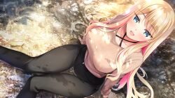 Rule 34 | 1girl, amaemi-longing for you-, blue eyes, blush, breasts, eyebrows hidden by hair, female focus, from above, game cg, groin, happy, highres, kusunoki iroha, large breasts, legs, long hair, looking at viewer, multicolored hair, open mouth, original, oryo (oryo04), outdoors, sitting, smile, solo, thigh gap, thighs, two-tone hair