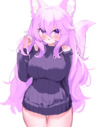 1girl :3 :p absurdres animal_ears araran bare_shoulders black_sweater blush breasts cowboy_shot dress fox_ears fox_girl fox_tail highres large_breasts long_hair original purple_eyes purple_hair ribbed_sweater simple_background solo sweater sweater_dress tail tongue tongue_out very_long_hair white_background