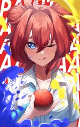 +_+ 1girl ;q absurdres ahoge ball blue_archive blue_eyes blurry blush closed_mouth collared_shirt commentary_request depth_of_field double_bun eyebrows_hidden_by_hair eyelashes film_grain hair_between_eyes hair_bun halo hand_up highres holding holding_ball looking_at_viewer maki_(blue_archive) medium_hair oiru_(613) one_eye_closed paint_splatter paint_splatter_on_face red_background red_hair red_halo shirt short_sleeves simple_background smile solo straight-on tongue tongue_out tsurime upper_body v-shaped_eyebrows white_shirt