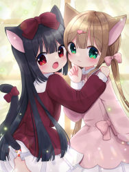 Rule 34 | 2girls, :3, :o, animal ears, backlighting, black hair, blunt bangs, bow, brown hair, cardigan, cat ears, cat girl, cat tail, dress, fang, green eyes, hair between eyes, hair bow, hair ornament, hairclip, hand on another&#039;s shoulder, heads together, highres, long hair, long sleeves, multiple girls, nekomura yuyuko, original, panties, panty peek, pink dress, pleated skirt, red bow, red eyes, shirt, sidelocks, skirt, smile, standing, straight hair, tail, tail bow, tail ornament, tail raised, thighhighs, twintails, underwear, white shirt, white skirt, window