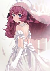 Rule 34 | 1girl, absurdres, alternate costume, backless dress, backless outfit, black bow, blue archive, blue eyes, bow, breasts, bridal veil, bride, closed mouth, dress, elbow gloves, falling feathers, feathers, flower, from behind, gloves, hair bow, halo, highres, hukhuk2, iroha (blue archive), looking at viewer, red hair, rose, shoulder blades, small breasts, smile, solo, standing, veil, wedding dress, white dress, white flower, white gloves, white rose, white veil