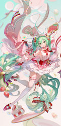 Rule 34 | 1girl, absurdres, bow, bowtie, corset, detached sleeves, floating, food, food-themed background, fruit, green eyes, green hair, hair bow, hatsune miku, high heels, highres, leg up, long hair, looking at viewer, musical note, numbered, open mouth, outstretched arms, plate, puffy sleeves, red bow, red corset, red footwear, rumoon, smile, solo, strawberry, strawberry miku (morikura), thighhighs, twintails, vocaloid, white thighhighs