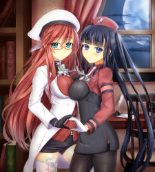 Rule 34 | 2girls, aty (summon night), black gloves, black hair, black legwear, black shorts, blue eyes, boots, breast press, breasts, brown hair, cafeore, cross-laced footwear, eyebrows, glasses, gloves, hat, highres, indoors, lace-up boots, long hair, looking at viewer, medium breasts, moon, multiple girls, night, pantyhose, ribbed sweater, short shorts, shorts, smile, summon night, summon night 5, sweater, symmetrical docking, thigh boots, thighhighs, very long hair, white footwear, white gloves, white legwear, yeng-hua, zettai ryouiki