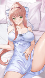 Rule 34 | 1girl, alternate costume, bare shoulders, bed, bed sheet, blush, bow, breasts, brown hair, cleavage, closed mouth, collarbone, commentary, doki doki literature club, english commentary, green eyes, hair bow, hair intakes, hand on own stomach, highres, large breasts, licking lips, light smile, long hair, looking at viewer, lying, monika (doki doki literature club), nightgown, on back, on bed, pillow, ponytail, solo, spread legs, thighs, tongue, tongue out, white bow, white nightgown, yami (rear4742)