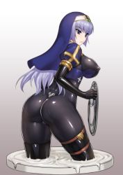 Rule 34 | 1girl, ass, blue eyes, blush, bodysuit, breasts, covered erect nipples, cowboy shot, cum, cum bath, elbow gloves, gloves, gold trim, grey hair, habit, huge ass, impossible clothes, large breasts, latex, long hair, nun, original, rindou (radical dream), shiny clothes, skin tight, skindentation, slime (substance), solo, thick thighs, thighhighs, thighs, whip