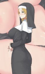 Rule 34 | 1girl, ass, black dress, blonde hair, blush, breasts, breasts apart, dress, from side, gomu (chewinggom), habit, own hands clasped, highres, interlocked fingers, large breasts, long sleeves, looking to the side, medium hair, mole, mole under eye, nun, original, own hands together, panties, parted lips, projected inset, skin tight, solo, standing, underwear, veil