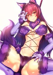 Rule 34 | 1girl, ass, breasts, cleavage, cosplay, elbow gloves, fate/grand order, fate (series), gloves, grin, heart, heart-shaped pupils, highres, long hair, mash kyrielight, mash kyrielight (dangerous beast), mash kyrielight (dangerous beast) (cosplay), navel, official alternate costume, purple eyes, purple gloves, purple hair, purple thighhighs, scathach (fate), silly (marinkomoe), simple background, smile, solo, spread legs, symbol-shaped pupils, thighhighs, white background