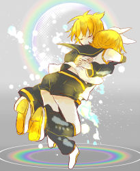 Rule 34 | 1boy, 1girl, 7:24, ^ ^, blonde hair, brother and sister, checkered background, closed eyes, detached sleeves, closed eyes, facing away, full body, grey background, hair ribbon, hands on another&#039;s back, highres, hug, kagamine len, kagamine rin, liquid, rainbow, ribbon, sailor collar, shirt, short hair, shorts, siblings, simple background, stain, teeth, twins, vocaloid, white ribbon, white shirt