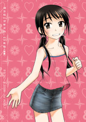 Rule 34 | 1girl, and hand tied, camisole, cowboy shot, dated, flat chest, miniskirt, ootsuka mahiro, original, pencil skirt, pink background, skirt, solo, unmoving pattern