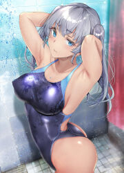 Rule 34 | 1girl, armpits, arms behind head, ass, bathroom, blue eyes, blue one-piece swimsuit, blush, breasts, collarbone, commentary request, competition swimsuit, covered erect nipples, from side, gentsuki, grey hair, highres, kimi omou koi, kuroe (kimi omou koi), large breasts, looking at viewer, looking to the side, one-piece swimsuit, shiny swimsuit, shower (place), shower curtain, showering, solo, swimsuit, tan, tile wall, tiles, twintails, water drop, wet
