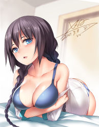 Rule 34 | 1girl, absurdres, ass, bare shoulders, black hair, blue bra, blue eyes, blush, bra, braid, breast hold, breasts, dated, door, heart, heart-shaped pupils, highres, large breasts, long hair, looking at viewer, off shoulder, open mouth, original, panties, signature, solo, striped clothes, striped panties, symbol-shaped pupils, twin braids, underwear, x-boy