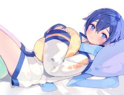 Rule 34 | 1boy, blue eyes, blue hair, blue nails, blush, closed mouth, kaito (vocaloid), long sleeves, looking at viewer, lying, mogu (wy5xrt7w), on back, pillow, project diva (series), short hair, smile, solo, vocaloid