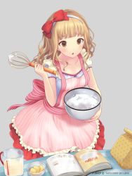 Rule 34 | 1girl, apron, bag, book, bow, brown eyes, brown hair, casual, hair bow, hairband, ichinomiya ichigo, ilog, long hair, looking at viewer, mixing bowl, occhan (11715), official art, open book, paper bag, parted lips, solo, whisk