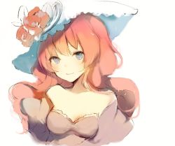 Rule 34 | 1girl, bare shoulders, blue eyes, blush, breasts, closed mouth, copyright request, flower, hat, hat flower, hat ornament, long hair, looking at viewer, lpip, medium breasts, red flower, red hair, red rose, rose, simple background, sketch, smile, solo, upper body, white background