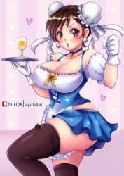 Rule 34 | 1girl, apron, artist name, ass, bell, black thighhighs, blue choker, blue skirt, blush, bow, breasts, brown eyes, brown hair, bustier, capcom, choker, chun-li, cleavage, clenched hand, collarbone, commentary, cowboy shot, detached sleeves, double bun, earrings, english commentary, forehead, gloves, hair between eyes, hair bun, hair ornament, heart, holding, jewelry, jingle bell, large breasts, maid apron, maid headdress, parted lips, pearl earrings, pink background, shiny clothes, shiny skin, short hair, skirt, solo, street fighter, sugarbell, thighhighs, thighs, v-shaped eyebrows, white gloves, yellow bow