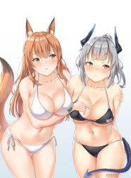 Rule 34 | 2girls, absurdres, animal ear fluff, animal ears, arknights, arms behind back, artist name, bare shoulders, bikini, black bikini, blush, breast hold, breasts, brown eyes, brown hair, cleavage, commentary, cowboy shot, english commentary, fox ears, fox tail, franka (arknights), gradient background, grey background, grey hair, groin, hair between eyes, halterneck, highres, horns, large breasts, liskarm (arknights), long hair, looking at another, mistraia, multiple girls, navel, parted lips, side-tie bikini bottom, standing, stomach, swimsuit, tail, thighs, white background, white bikini