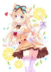 Rule 34 | 1girl, :d, animal ears, bitter crown, blonde hair, blush, cat ears, cat girl, cat tail, dress, food, frills, fruit, hair ribbon, heart, highres, holding, holding food, holding fruit, lemon print, long hair, open mouth, original, purple eyes, ribbon, smile, solo, tail, tail ornament, tail ribbon, thighhighs, yellow dress