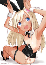 Rule 34 | 1girl, animal ears, black bow, black bowtie, black leotard, blonde hair, blue eyes, bow, bowtie, detached collar, fishnets, highres, kantai collection, leotard, long hair, looking back, one-hour drawing challenge, one-piece tan, open mouth, playboy bunny, rabbit ears, rabbit pose, rabbit tail, ro-500 (kancolle), simple background, sitting, smile, solo, strapless, strapless leotard, tail, tan, tanline, tetsukuzu (yajirushi shita), thighhighs, white background, wrist cuffs