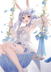 Rule 34 | 1girl, :d, animal ear fluff, animal ears, arm up, armpits, bare shoulders, blue flower, blue hair, blue ribbon, blue rose, blush, braid, breasts, bridal veil, commentary request, detached collar, detached sleeves, dress, feet out of frame, fishnet thighhighs, fishnets, flower, hololive, jewelry, long hair, long sleeves, looking at viewer, multicolored hair, open mouth, orange eyes, outstretched arm, petals, rabbit ears, ribbon, ring, rose, rose petals, see-through, short dress, simple background, sitting, small breasts, smile, solo, swing, thick eyebrows, thighhighs, tokki, twin braids, two-tone hair, usada pekora, veil, very long hair, virtual youtuber, wedding band, wedding dress, white background, white dress, white hair, white thighhighs