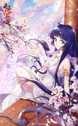 Rule 34 | 1girl, armlet, blue eyes, blue hair, bracelet, cover, cover page, doupo cangqiong, dress, flower, gu xun er (doupo cangqiong), highres, jewelry, long hair, looking back, necklace, official art, pillar, ren xiang, sitting, smile, solo, third-party source, white dress, wooden floor