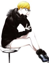 Rule 34 | 1girl, androgynous, ankle boots, bare legs, black-framed eyewear, black scarf, blonde hair, boots, glasses, high heel boots, high heels, highres, crossed legs, original, scarf, shorts, sitting, solo, sousou (sousouworks), spot color