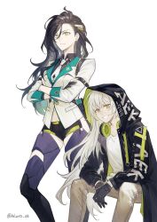 Rule 34 | 2girls, aek-999 (babe driver) (girls&#039; frontline), aek-999 (girls&#039; frontline), black gloves, black hair, black shirt, brown pants, closed mouth, collared shirt, cowboy shot, crossed arms, girls&#039; frontline, gloves, green eyes, hair ornament, headphones, headphones around neck, hei chuan gui, highres, hood, hooded jacket, jacket, long hair, looking at viewer, mole, mole under eye, multiple girls, navel, necktie, official alternate costume, pants, parted lips, python (girls&#039; frontline), shirt, simple background, sitting, smile, standing, teeth, twitter username, white background, white hair, white jacket, white necktie, white shirt, yellow eyes
