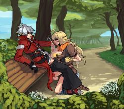 Rule 34 | 1boy, 1girl, bench, between breasts, blazblue, boxman, breasts, cum, cum on body, cum on breasts, cum on upper body, ejaculation, erection, facial, hetero, highres, large breasts, outdoors, paizuri, penis, ragna the bloodedge, rwby, sitting, uncensored, veins, veiny penis, yang xiao long