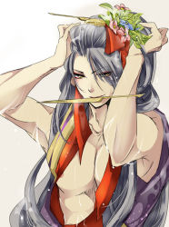 Rule 34 | 10s, 1boy, androgynous, arms up, black hair, eyes visible through hair, flower, hair flower, hair ornament, hair over one eye, hairdressing, japanese clothes, jirou tachi, long hair, male focus, muscular, nipples, personification, simple background, smile, solo, touken ranbu, traditional clothes, tsubura (artist), upper body, wet, wet clothes, white background, yellow eyes
