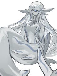 Rule 34 | 1girl, animal ears, black sclera, blue eyes, breast suppress, breasts, closed mouth, colored sclera, cyclops, fins, grey hair, hand up, highres, invisible chair, large breasts, long hair, looking at viewer, mermaid, monster girl, one-eyed, original, ruteko (ruko220), simple background, sitting, solo, very long hair, white background
