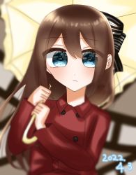 Rule 34 | 1girl, 2022, aqua eyes, artist name, artist request, audrey (love live!), belt, black bow, blue eyes, blush, bow, bow hairband, breasts, brown hair, brown umbrella, buttons, close-up, coat, collared coat, dated, dress, female focus, film strip, frilled umbrella, frills, hair between eyes, hair bow, hairband, half updo, high ponytail, highres, holding, holding umbrella, long hair, long sleeves, looking at viewer, love live!, love live! nijigasaki high school idol club, love live! school idol festival, movie camera, osaka shizuku, parted lips, ponytail, red belt, red bow, red coat, red dress, red ribbon, ribbon, sidelocks, smile, solo, striped, striped bow, trench coat, umbrella, upper body, white bow, wing collar