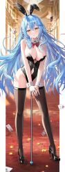 Rule 34 | 1girl, animal ears, black thighhighs, blue hair, bow, bowtie, breasts, cane, card, clothing cutout, coin, detached collar, elf, fake animal ears, full body, hair between eyes, high heels, highres, holding, holding cane, hololive, large breasts, leotard, long hair, looking at viewer, navel cutout, playboy bunny, pointy ears, red bow, red bowtie, rin yuu, solo, thighhighs, virtual youtuber, wrist cuffs, yellow eyes, yukihana lamy