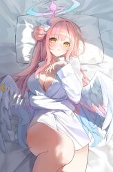 Rule 34 | 1girl, angel wings, bed sheet, blue archive, blush, breasts, chie (user snfh8333), cleavage, crescent, crescent pin, feathered wings, flower, hair bun, hair flower, hair ornament, halo, highres, large breasts, long hair, long sleeves, looking at viewer, mika (blue archive), open mouth, pillow, pink hair, pink halo, purple flower, shirt, single side bun, solo, white shirt, white wings, wings, yellow eyes