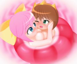 Rule 34 | 2girls, animated, animated gif, blue eyes, blush, bow, breast press, breasts, brown hair, cheek-to-cheek, coiled, green eyes, h tsurara, hair bow, hand on another&#039;s cheek, hand on another&#039;s face, hanjuku hero, heads together, huge filesize, lamia, medium breasts, monster girl, multiple girls, no nose, nude, one eye closed, open mouth, pink hair, ponytail, snake bondage, symmetrical docking, tiara, wince, yellow bow, yuri