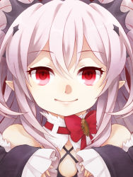 Rule 34 | 10s, 1girl, bare shoulders, bow, close-up, fang, krul tepes, owari no seraph, pointy ears, red bow, red eyes, smile, solo, vampire